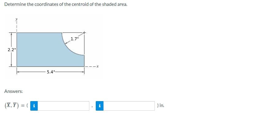 Determine the coordinates of the centroid of the shaded area.
1.7"
2.2"
5.4"-
Answers:
(X, Y) = (i
) in.

