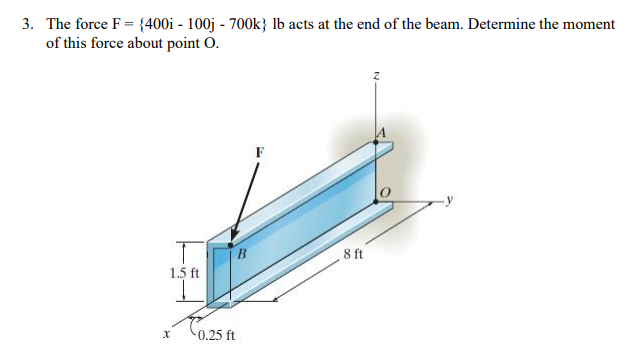 3. The force F = {400i - 100j - 700k} lb acts at the end of the beam. Determine the moment
of this force about point O.
B
8 ft
1.5 ft
-0.25
