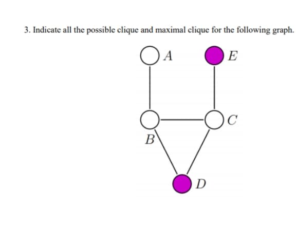 3. Indicate all the possible clique and maximal clique for the following graph.
QA
E
B
D
