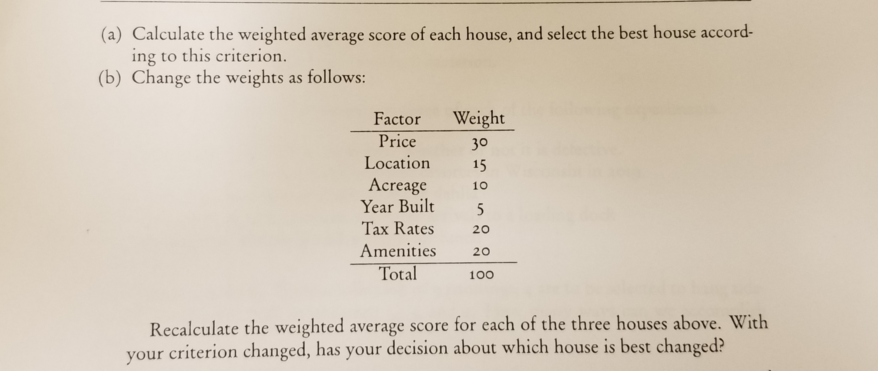 (a) Calculate the weighted average score of each house, and select the best house accord-
ing to this criterion.
(b) Change the weights as follows:
Weight
Factor
Price
30
Location
15
Acreage
Year Built
10
Tax Rates
20
Amenities
20
Total
100
Recalculate the weighted average score for each of the three houses above. With
your criterion changed, has your decision about which house is best changed?
