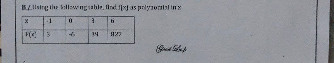B/Using the following table, find f(x) as polynomial in x:
-1
0.
3
6.
F(x)
-6
39
822
Good Lup
3,
