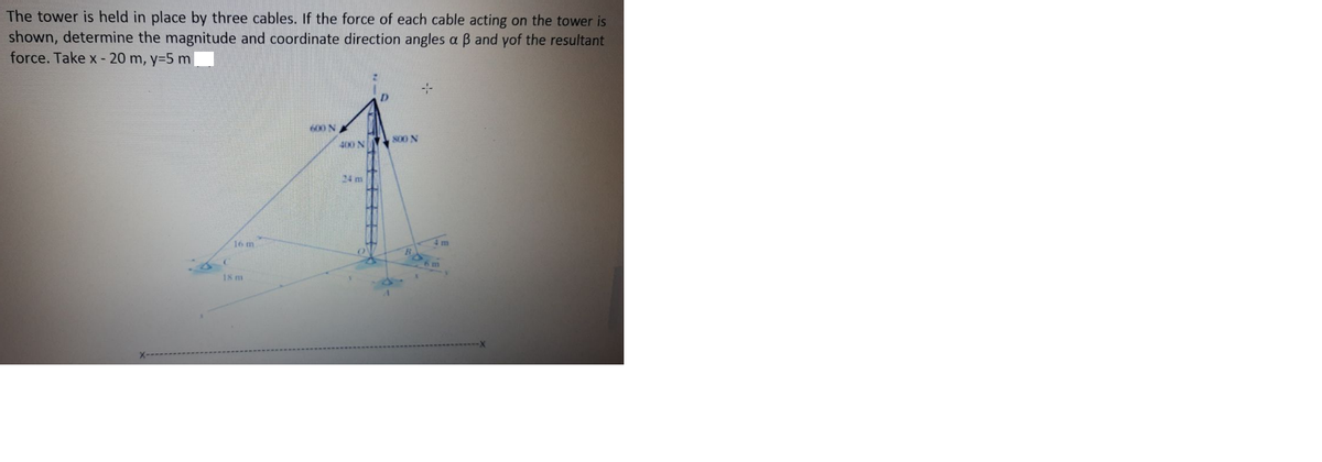 The tower is held in place by three cables. If the force of each cable acting on the tower is
shown, determine the magnitude and coordinate direction angles a B and yof the resultant
force. Take x - 20 m, y=5 m
600 N
S00 N
400 N
24 m
16 m
4m
6 m
18 m
X---------
