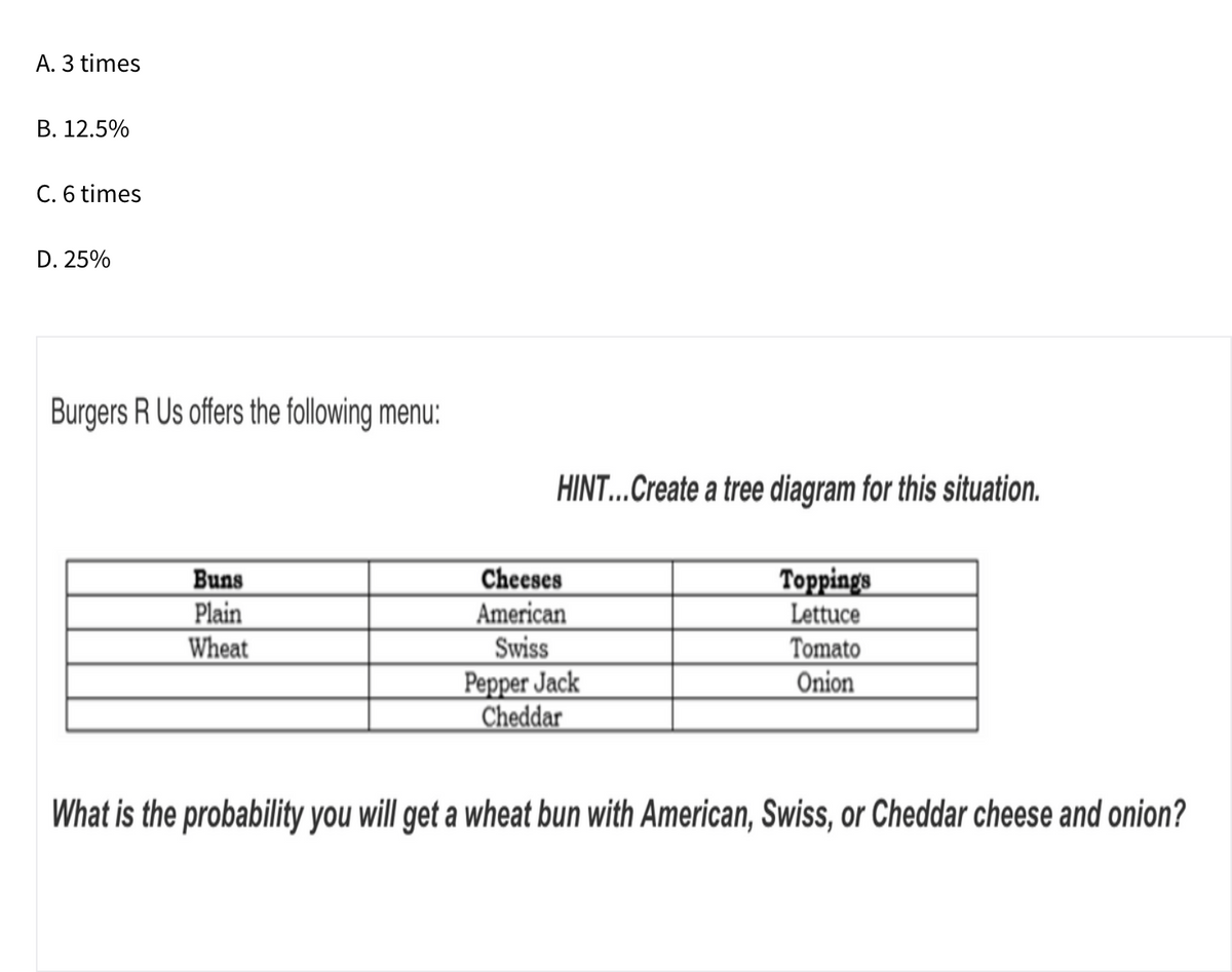 A. 3 times
B. 12.5%
C. 6 times
D. 25%
Burgers R Us offers the following menu:
HINT...Create a tree diagram for this situation.
Toppings
Lettuce
Buns
Cheeses
Plain
American
Swiss
Pepper Jack
Cheddar
Wheat
Tomato
Onion
What is the probability you will get a wheat bun with American, Swiss, or Cheddar cheese and onion?

