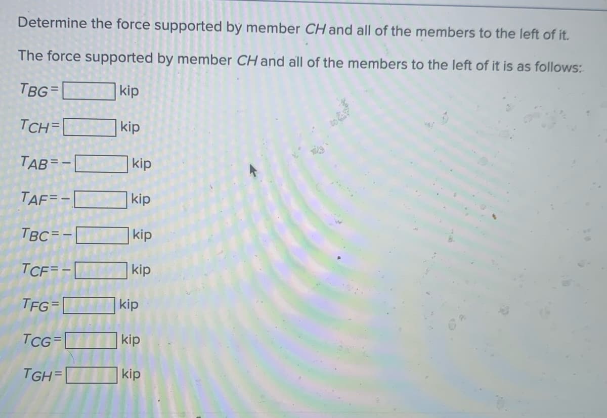 Determine the force supported by member CH and all of the members to the left of it.
The force supported by member CH and all of the members to the left of it is as follows:
TBG=|
kip
TCH
kip
TAB= -
|kip
TAF=-|
kip
TBC = -
|kip
TCF=-
|kip
TFG= kip
TCG=[
kip
TGH=|
kip
