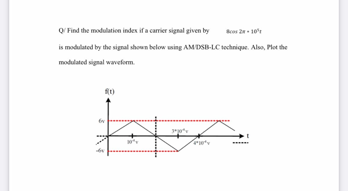 Q/ Find the modulation index if a carrier signal given by
8cos 2n * 105t
is modulated by the signal shown below using AM/DSB-LC technique. Also, Plot the
modulated signal waveform.
f(t)
6v
3*10*v
10“v
4*10ªv
-6v
