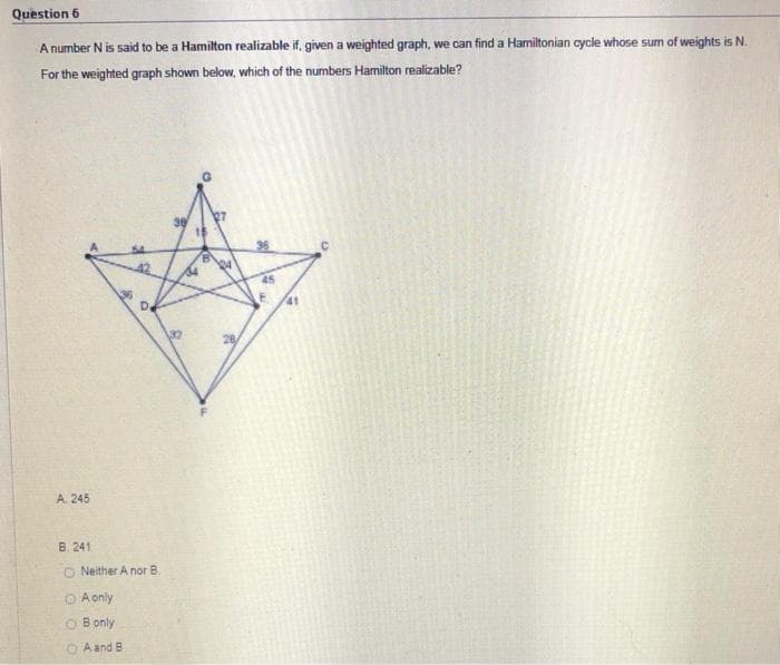 Question 6
A number N is said to be a Hamilton realizable if, given a weighted graph, we can find a Hamiltonian cycle whose sum of weights is N.
For the weighted graph shown below, which of the numbers Hamilton realizable?
A. 245
B. 241
O Neither A nor B.
O A only
O B only
O Aand B
