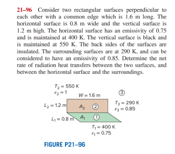 21-96 Consider two rectangular surfaces perpendicular to
each other with a common edge which is 1.6 m long. The
horizontal surface is 0.8 m wide and the vertical surface is
1.2 m high. The horizontal surface has an emissivity of 0.75
and is maintained at 400 K. The vertical surface is black and
is maintained at 550 K. The back sides of the surfaces are
insulated. The surrounding surfaces are at 290 K, and can be
considered to have an emissivity of 0.85. Determine the net
rate of radiation heat transfers between the two surfaces, and
between the horizontal surface and the surroundings.
T2 = 550 K
€2 = 1
W = 1.6 m
L2 = 1.2 m
T3 = 290 K
€z = 0.85
A2
4 = 0.8 m A1
T, = 400 K
Eq = 0.75
FIGURE P21–96
