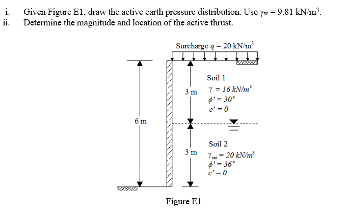 i.
ii.
Given Figure E1, draw the active earth pressure distribution. Use yw = 9.81 kN/m³.
Determine the magnitude and location of the active thrust.
Surcharge q = 20 kN/m²
6m
48797480
3 m
3 m
Figure E1
Soil 1
Y = 16 kN/m³
$' = 30°
c' = 0
Soil 2
7 sat = 20 kN/m²
$' = 36°
c' = 0