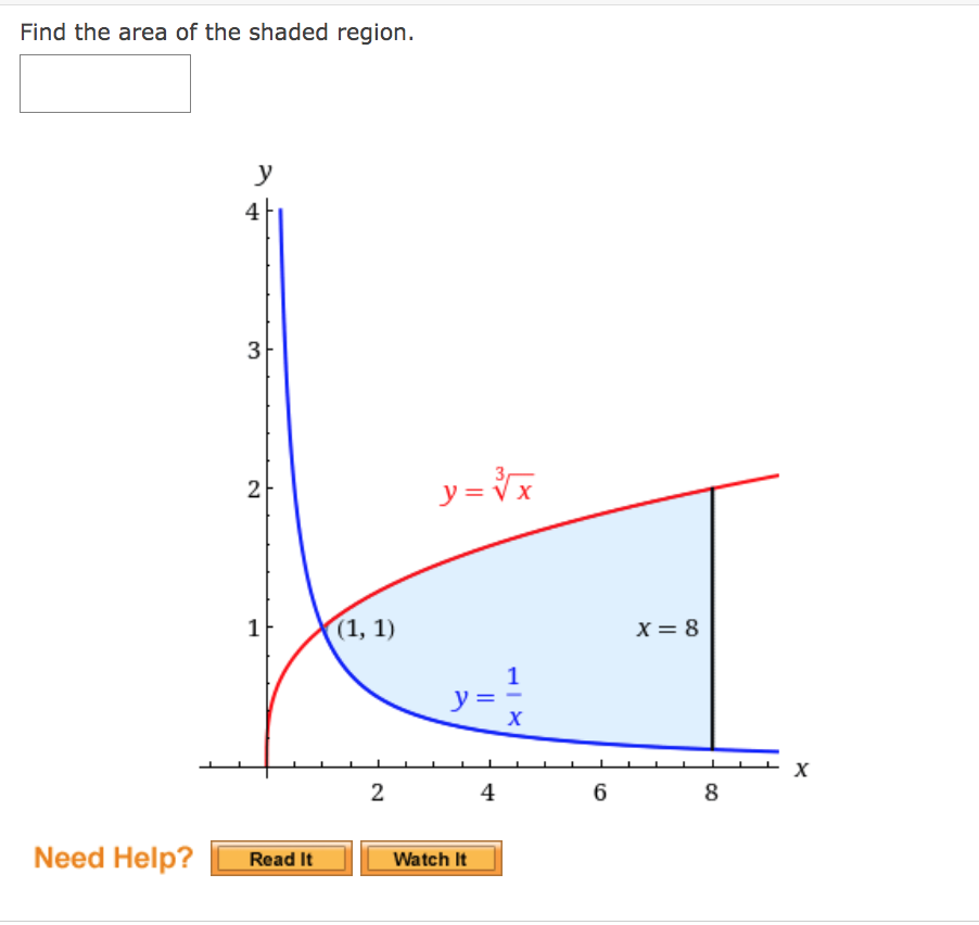 Find the area of the shaded region.
y
4
3
3
y= V x
2
(1, 1)
X = 8
1
y =
4
8
Need Help?
Read It
Watch It
9.
||
