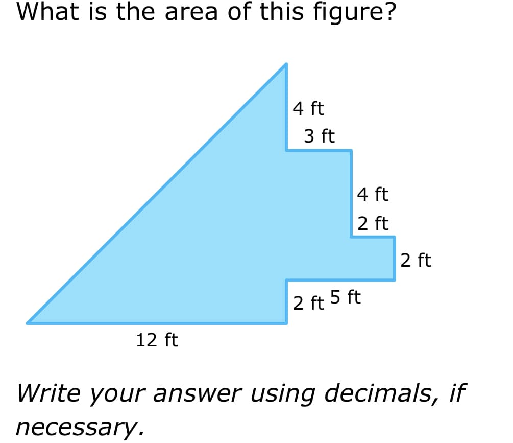 What is the area of this figure?
12 ft
4 ft
3 ft
4 ft
2 ft
2 ft 5 ft
2 ft
Write your answer using decimals, if
necessary.