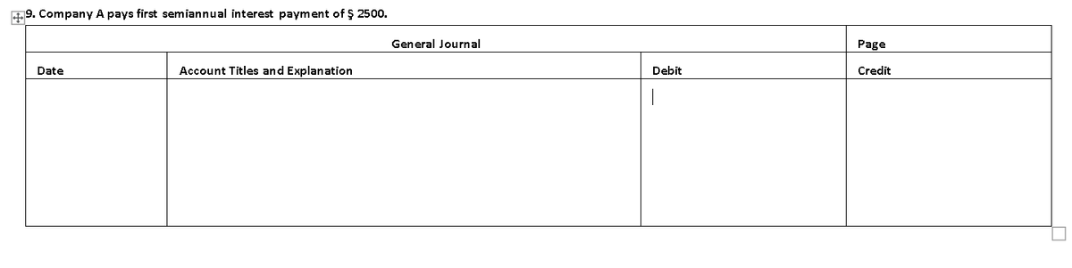 f9. Company A pays first semiannual interest payment of Ş 2500.
General Journal
Page
Date
Account Titles and Explanation
Debit
Credit
