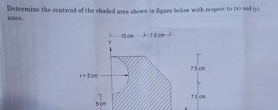 Determine the centroid of the shaded area shown in figure below with respect to (x) and (y)
axes.
7.5 cm
10 cm
7.5 cm
r= 5 cm
7.5 cm
5 сm
