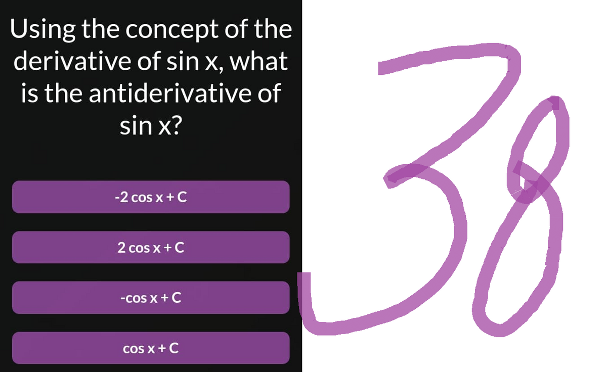 Using the concept of the
derivative of sin x, what
is the antiderivative of
sin x?
-2 cos x + C
2 cos x + C
-COS X + C
cos x + C
38