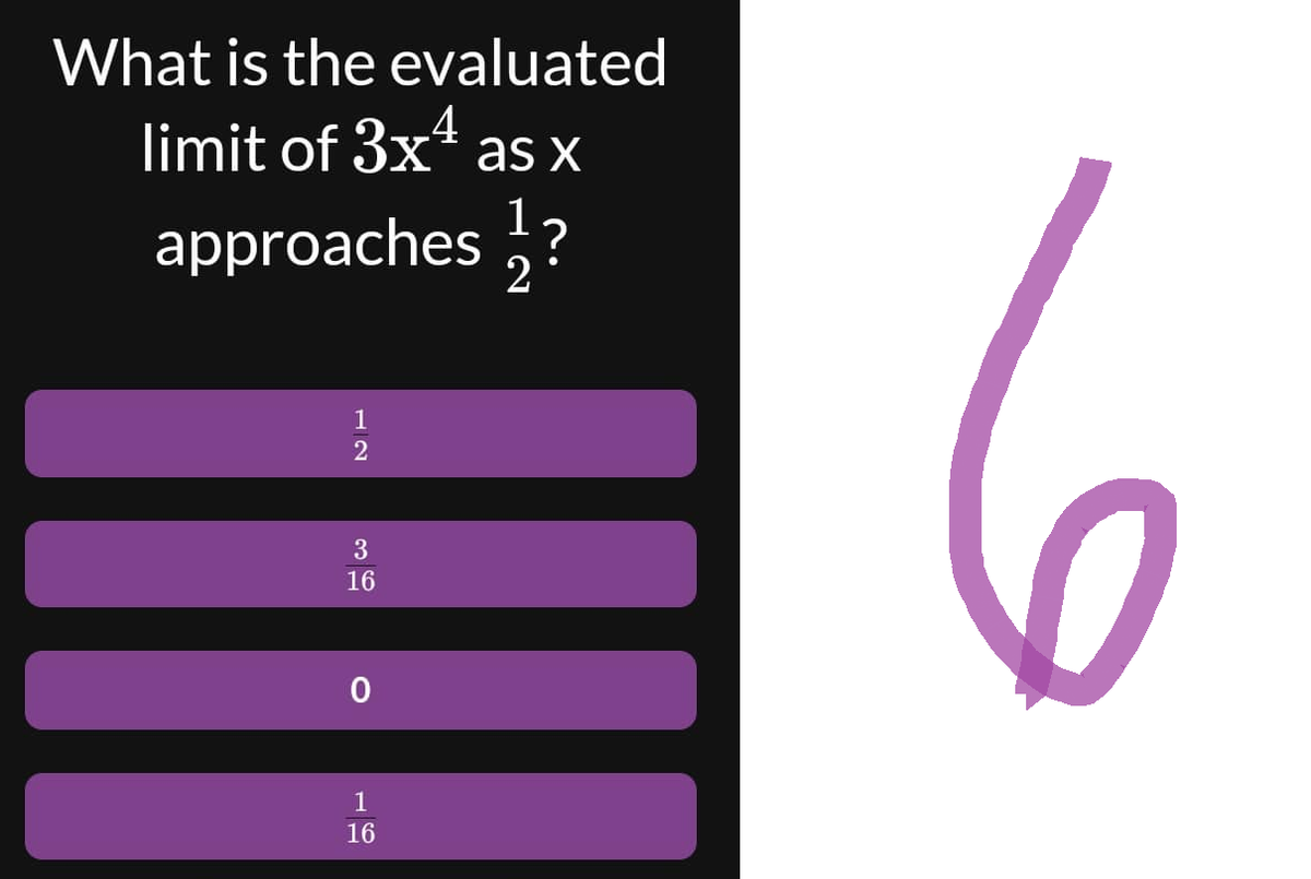 What is the evaluated
limit of 3x4 as x
approaches ?
1
2
1
2
3
16
0
1
16