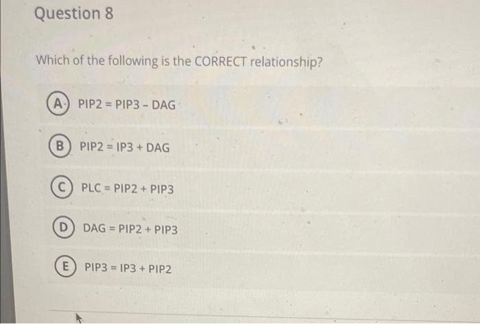 Question 8
Which of the following is the CORRECT relationship?
A PIP2 PIP3 - DAG
B) PIP2 = IP3+ DAG
C PLC = PIP2 + PIP3
D DAG = PIP2 + PIP3
E) PIP3 = IP3+ PIP2
