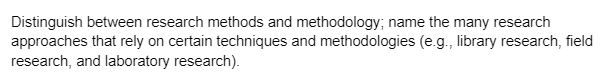 Distinguish between research methods and methodology; name the many research
approaches that rely on certain techniques and methodologies (e.g., library research, field
research, and laboratory research).