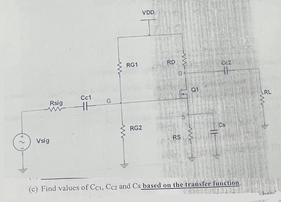 VDD
RG1
RD
Cc2
HH
Q1
Сс1
RL
Rsig
HT
RG2
Cs
Vsig
RS
(c) Find values of Cci, Cc2 and Cs based on the transfer function
hani

