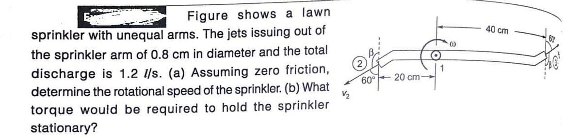 Figure shows a lawn
sprinkler with unequal arms. The jets issuing out of
the sprinkler arm of 0.8 cm in diameter and the total
discharge is 1.2 l/s. (a) Assuming zero friction,
40 cm
60
1
60° + 20 cm-
determine the rotational speed of the sprinkler. (b) What
V2
torque would be required to hold the sprinkler
stationary?
