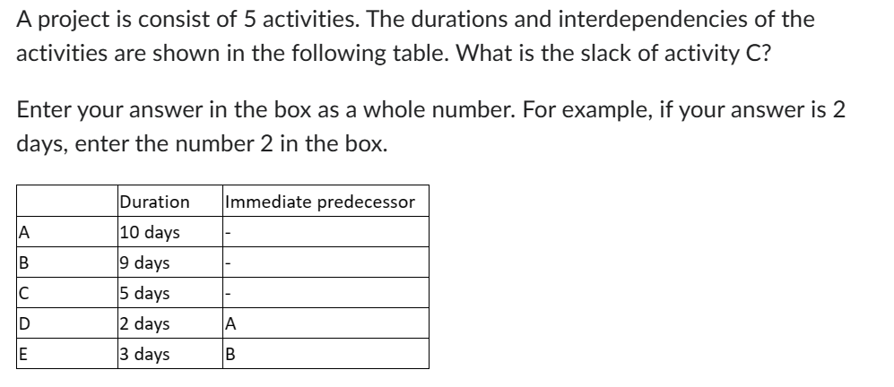 A project is consist of 5 activities. The durations and interdependencies of the
activities are shown in the following table. What is the slack of activity C?
Enter your answer in the box as a whole number. For example, if your answer is 2
days, enter the number 2 in the box.
ΙΑ
BCDE
Duration
10 days
9 days
5 days
2 days
3 days
Immediate predecessor
A
B