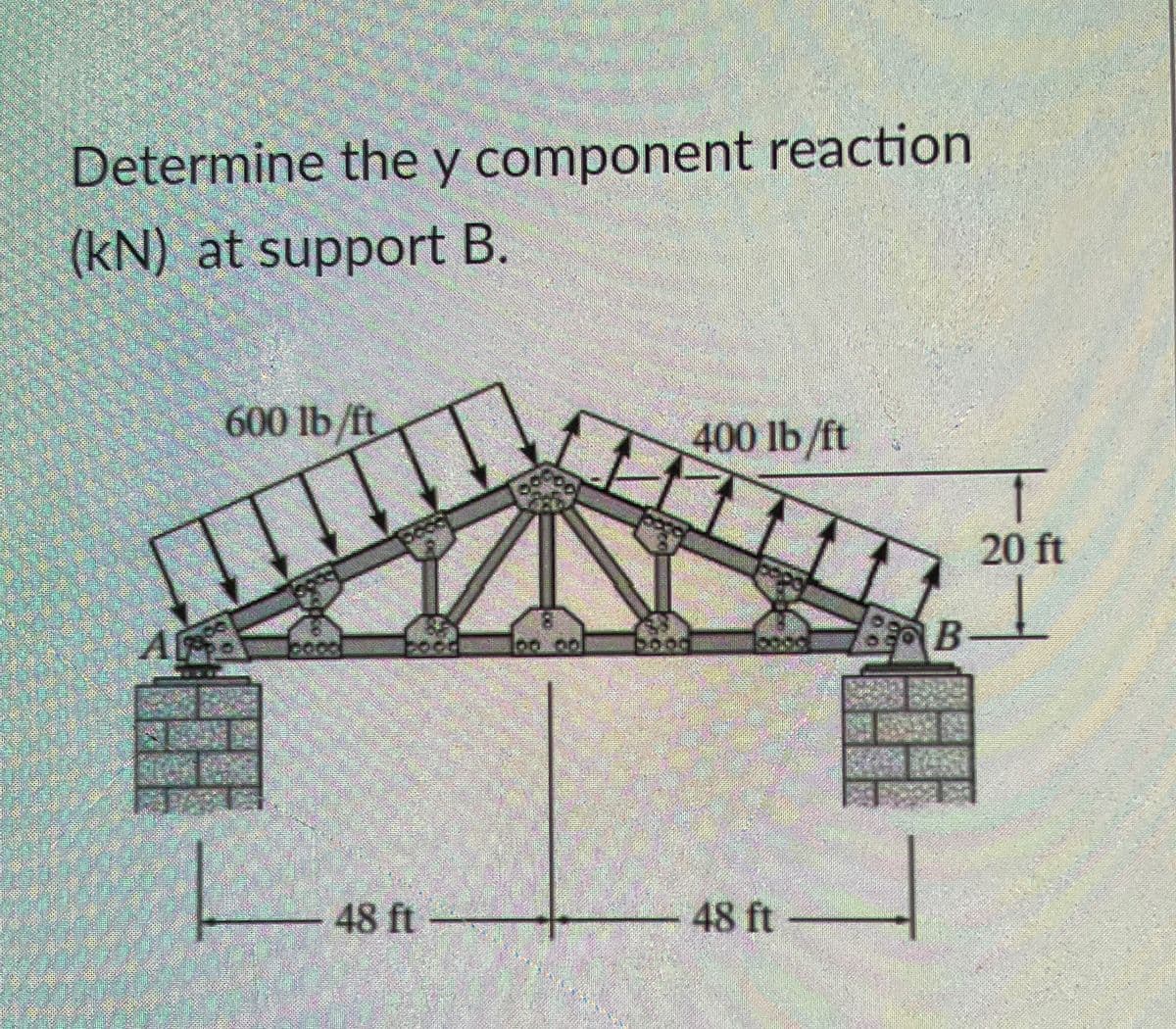 Determine the y component reaction
(kN) at support B.
600 lb/ft
400 lb/ft
20 ft
SB-
48 ft-
48 ft
