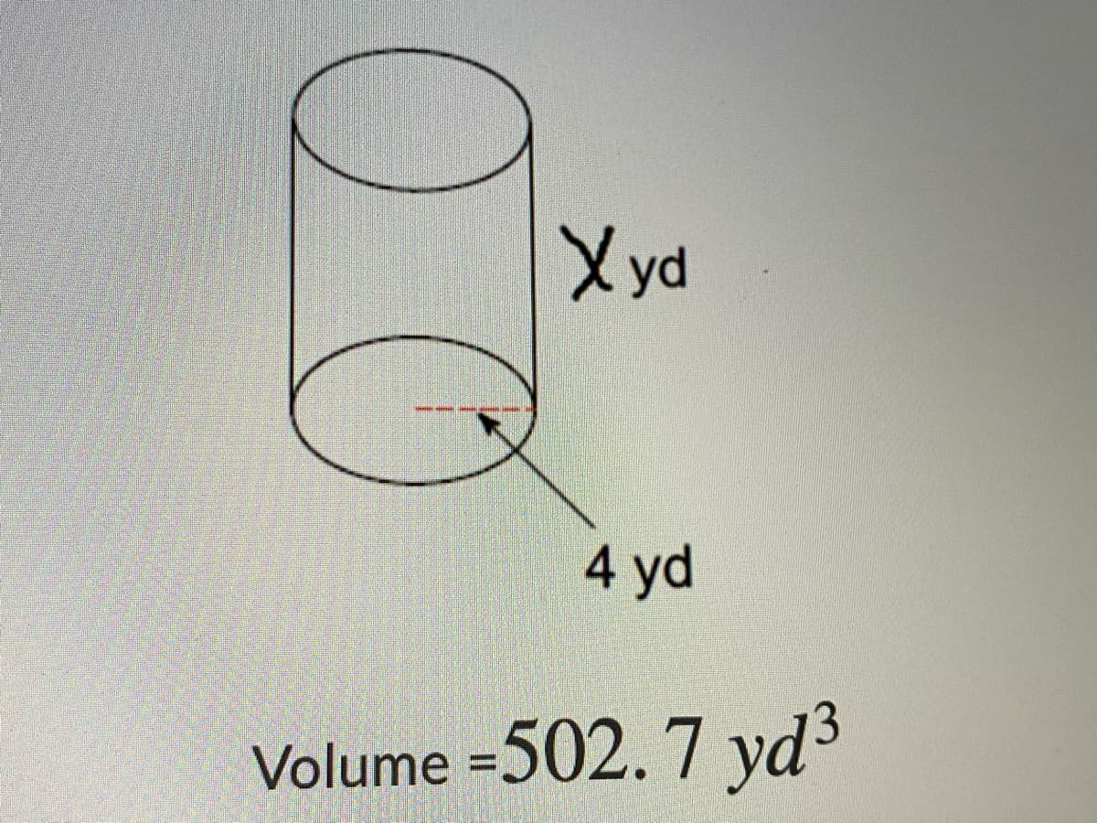 X yd
4 yd
Volume =502. 7 yd³
