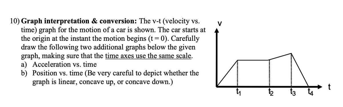 10) Graph interpretation & conversion: The v-t (velocity vs.
time) graph for the motion of a car is shown. The car starts at
the origin at the instant the motion begins (t = 0). Carefully
draw the following two additional graphs below the given
graph, making sure that the time axes use the same scale.
a) Acceleration vs. time
b) Position vs. time (Be very careful to depict whether the
graph is linear, concave up, or concave down.)
t₁
N܂
T3
t