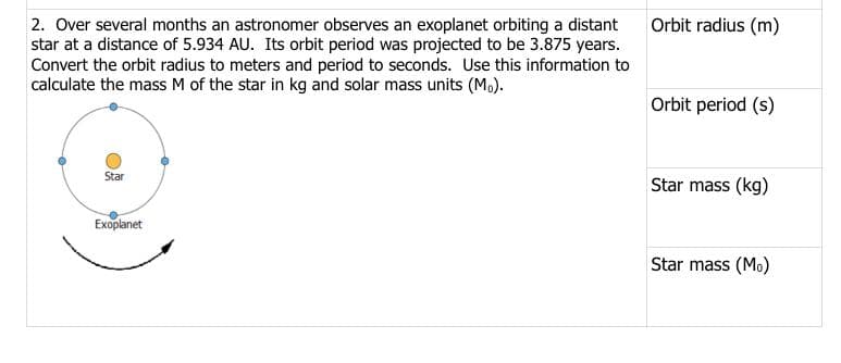 2. Over several months an astronomer observes an exoplanet orbiting a distant
star at a distance of 5.934 AU. Its orbit period was projected to be 3.875 years.
Convert the orbit radius to meters and period to seconds. Use this information to
calculate the mass M of the star in kg and solar mass units (Mo).
Star
Exoplanet
Orbit radius (m)
Orbit period (s)
Star mass (kg)
Star mass (Mo)