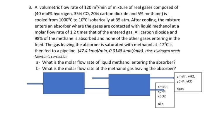 3. A volumetric flow rate of 120 m³/min of mixture of real gases composed of
(40 mol % hydrogen, 35% CO, 20% carbon dioxide and 5% methane) is
cooled from 1000°C to 10°C isobarically at 35 atm. After cooling, the mixture
enters an absorber where the gases are contacted with liquid methanol at a
molar flow rate of 1.2 times that of the entered gas. All carbon dioxide and
98% of the methane is absorbed and none of the other gases entering in the
feed. The gas leaving the absorber is saturated with methanol at -12ºC is
then fed to a pipeline. (47.4 kmol/min, 0.0148 kmol/min). Hint: Hydrogen needs
Newton's correction
a- What is the molar flow rate of liquid methanol entering the absorber?
b- What is the molar flow rate of the methanol gas leaving the absorber?
xmeth,
XCH4,
XCO2
nliq
ymeth, yH2,
YCH4, YCO
ngas