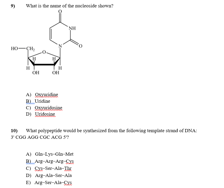 9)
What is the name of the nucleoside shown?
`NH
HO-ÇH,
H
H
OH
H
OH
A) Oxyuridine
B) Uridine
C) Oxyuridosine
D) Uridosine
10)
What polypeptide would be synthesized from the following template strand of DNA:
3' CGG AGG CGC ACG 5'?
A) Gln-Lys-Gln-Met
B)_Arg-Arg-Arg-Cys
C) Cys-Ser-Ala-Thr
D) Arg-Ala-Ser-Ala
E) Arg-Ser-Ala-Cys
