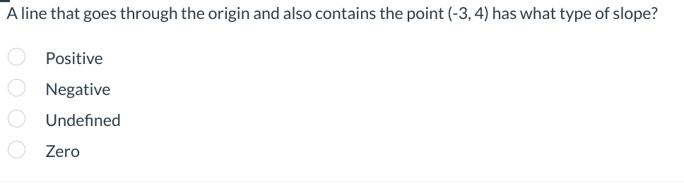 A line that goes through the origin and also contains the point (-3, 4) has what type of slope?
000 0
Positive
Negative
Undefined
Zero