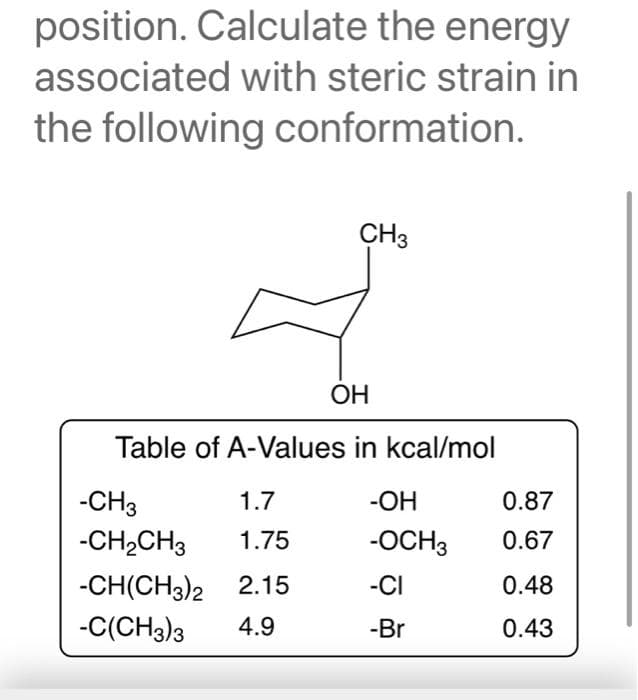 position. Calculate the energy
associated with steric strain in
the following conformation.
CH3
ОН
Table of A-Values in kcal/mol
-CH3
1.7
-ОН
0.87
-CH2CH3
1.75
-OCH3
0.67
-CH(CH3)2 2.15
-C(CH3)3
-CI
0.48
4.9
-Br
0.43
