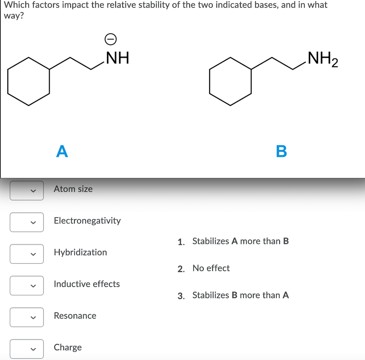 Which factors impact the relative stability of the two indicated bases, and in what
way?
NH
NH2
A
Atom size
Electronegativity
1. Stabilizes A more than B
Hybridization
2. No effect
Inductive effects
3. Stabilizes B more than A
Resonance
Charge
>
>
>
>
