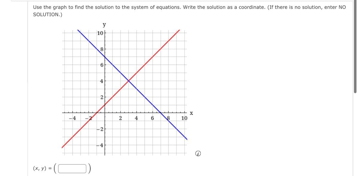 Use the graph to find the solution to the system of equations. Write the solution as a coordinate. (If there is no solution, enter NO
SOLUTION.)
(x, y) =
-4 -2
y
10+
8
6
4
2
-2
-4
2
4
6
8
10
X