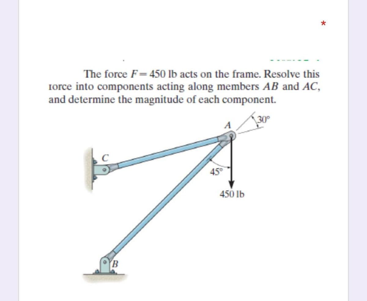 The force F= 450 lb acts on the frame. Resolve this
Iorce into components acting along members AB and AC,
and determine the magnitude of each component.
30°
45°
450 Ib
