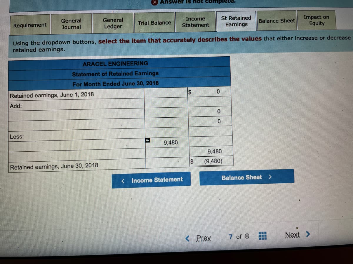 Answer is hot compiete.
St Retained
Earnings
Impact on
Equity
General
Income
General
Journal
Trial Balance
Balance Sheet
Requirement
Ledger
Statement
Using the dropdown buttons, select the Item that accurately describes the values that either increase or decrease
retained earnings.
ARACEL ENGINEERING
Statement of Retained Earnings
For Month Ended June 30, 2018
2$
Retained earnings, June 1, 2018
Add:
Less:
9,480
9,480
24
(9,480)
Retained earnings, June 30, 2018
Balance Sheet >
< Income Statement
Prev
7 of 8
Next
