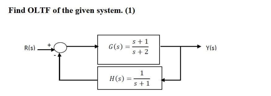 Find OLTF of the given system. (1)
s+ 1
R(s)
G(s)
Y(s)
s + 2
1
H(s)
s + 1
