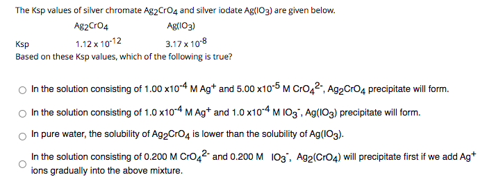 The Ksp values of silver chromate Ag2Cro4 and silver iodate Ag(IO3) are given below.
Ag2Cro4
Ag(IO3)
1.12 x 1012
3.17 x 10°8
Ksp
Based on these Ksp values, which of the following is true?
In the solution consisting of 1.00 x10-4 M Ag* and 5.00 x10-5 M Cro42", Ag2Cro4 precipitate will form.
In the solution consisting of 1.0 x10-4 MAg* and 1.0 x10-4 M I03", Ag(IO3) precipitate will form.
In pure water, the solubility of Ag2CrO4 is lower than the solubility of Ag(IO3).
In the solution consisting of 0.200 M CrO42- and 0.200 M 103', Ag2(CrO4) will precipitate first if we add Ag*
ions gradually into the above mixture.
