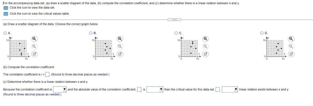 For the accompanying data set, (a) draw a scatter diagram of the data, (b) compute the correlation coefficient, and (c) determine whether there is a linear relation between x and y.
Click the icon to view the data set.
Click the icon to view the critical values table.
(a) Draw a scatter diagram of the data. Choose the correct graph below.
OA.
В.
Oc.
D.
Ay
10-
Ay
10-
Ay
10-
AV
10
0-
0-
0-
(b) Compute the correlation coefficient.
The correlation coefficient is r=| (Round to three decimal places as needed.)
(c) Determine whether there is a linear relation between x and y.
Because the correlation coefficient is
V and the absolute value of the correlation coefficient,
is
V than the critical value for this data set,
linear relation exists between x and y.
(Round to three decimal places as needed.)

