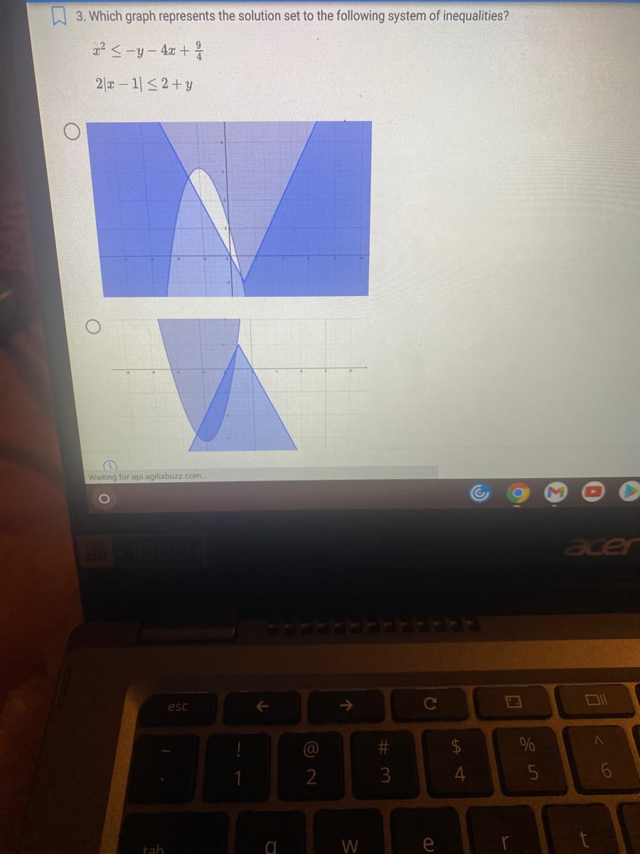 W 3. Which graph represents the solution set to the following system of inequalities?
ハ-9- 4+
2|x – 1| < 2+y
Waiting for api.agilixbuzz.com.
acer
esc
->
23
24
%
2
3
5
tah
e
