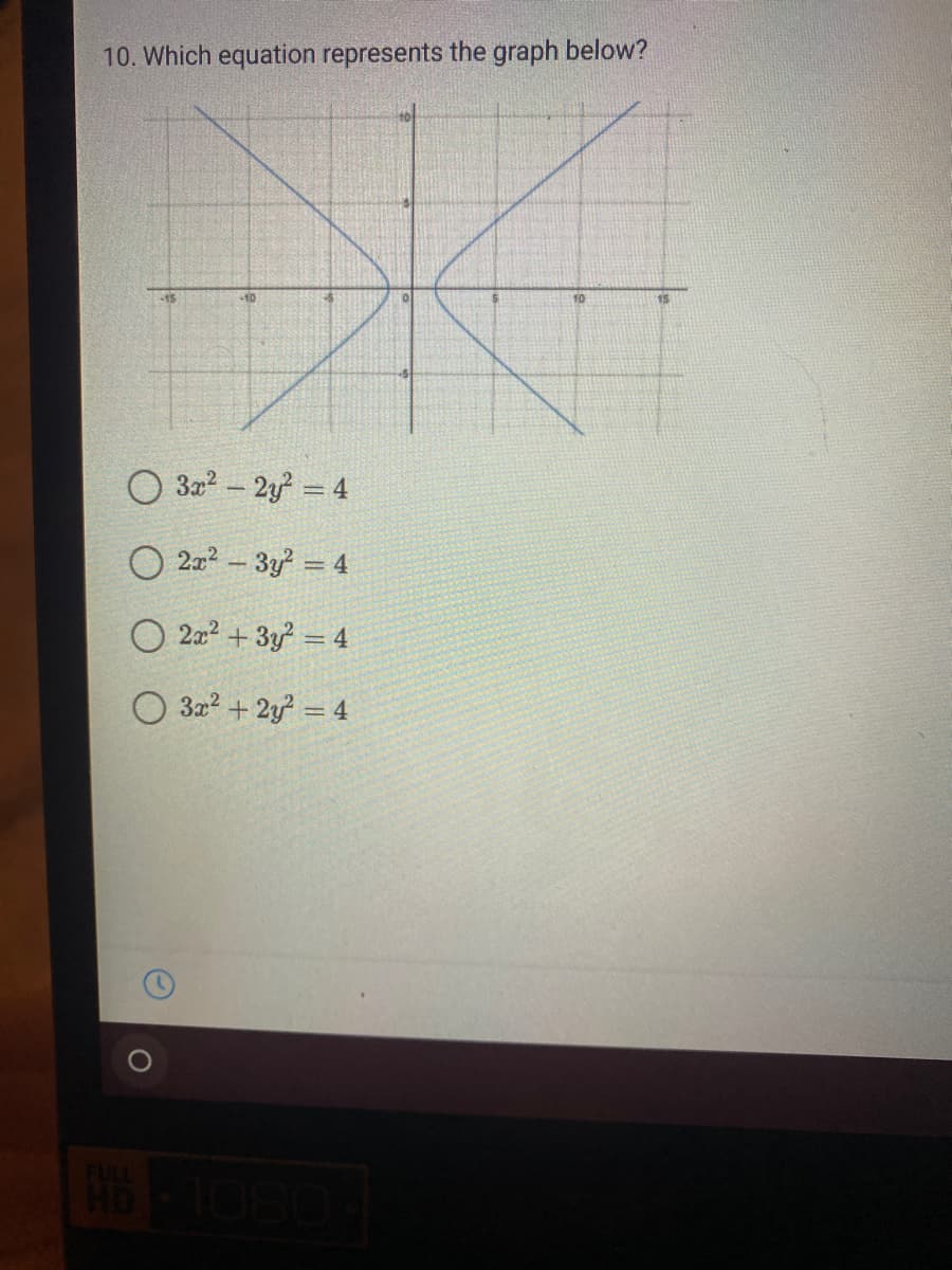 10. Which equation represents the graph below?
10
O 3z2 - 2y = 4
O 2x2 - 3y = 4
O 2a? + 3y = 4
3a? + 2y = 4
