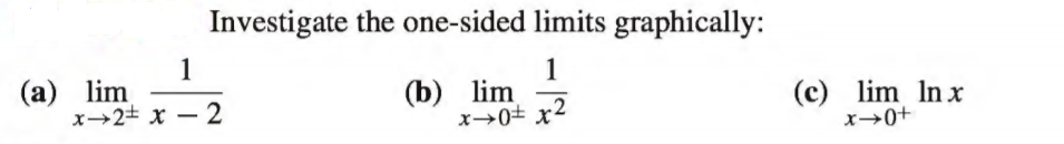 Investigate the one-sided limits graphically:
(a) lim
x→2# x – 2
(b) lim
x→0± x2
(c) lim In x
x→0+

