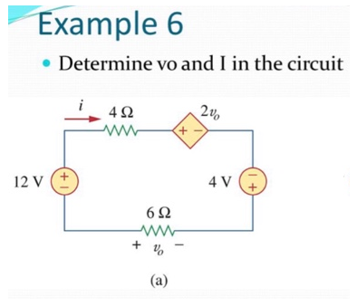 Example 6
• Determine vo and I in the circuit
12 V
+1
492
ww
6Ω
www
+%
(a)
2%
4 V
(+1)
