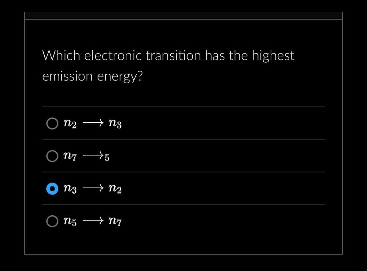 Which electronic transition has the highest
emission energy?
n2
о пъ
n 33ta
о n5
+3
+n2
пч