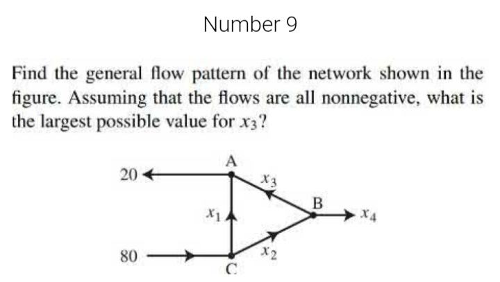 Number 9
Find the general flow pattern of the network shown in the
figure. Assuming that the flows are all nonnegative, what is
the largest possible value for x3?
A
20 +
X3
B
X1
X4
X2
C
80
