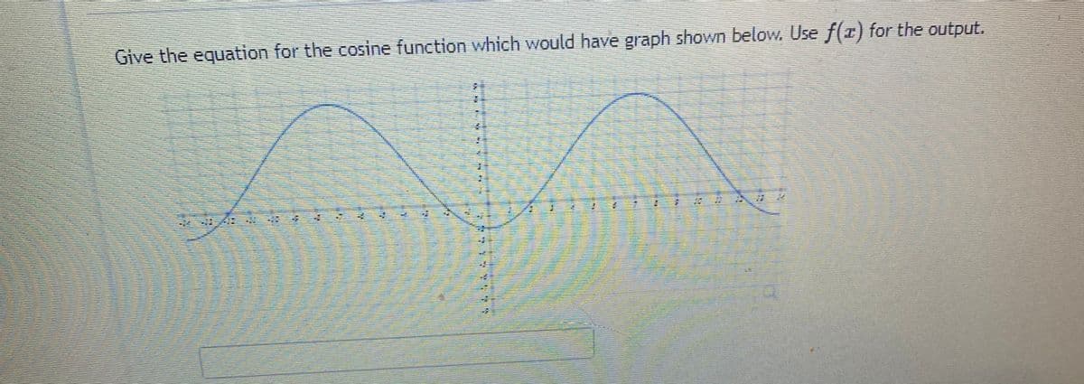 Give the equation for the cosine function which would have graph shown below. Use f(x) for the output.
