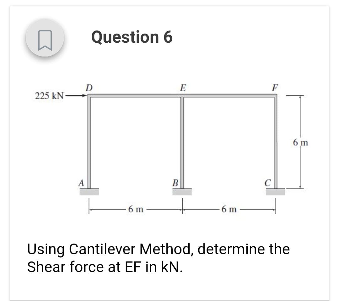 Question 6
D
E
F
225 kN-
6 m
A
В
6 m
6 m
Using Cantilever Method, determine the
Shear force at EF in kN.
