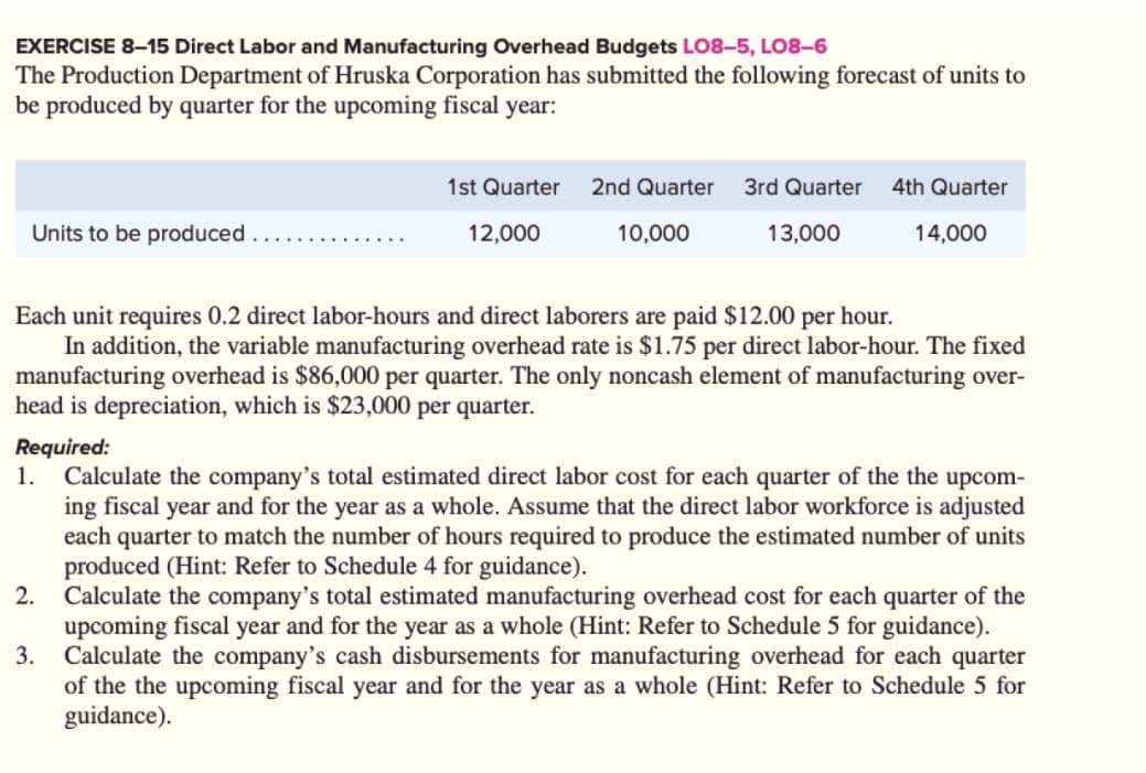 EXERCISE 8-15 Direct Labor and Manufacturing Overhead Budgets LO8-5, LO8-6
The Production Department of Hruska Corporation has submitted the following forecast of units to
be produced by quarter for the upcoming fiscal year:
Units to be produced.
2.
1st Quarter
3.
12,000
2nd Quarter 3rd Quarter
10,000
13,000
Each unit requires 0.2 direct labor-hours and direct laborers are paid $12.00 per hour.
In addition, the variable manufacturing overhead rate is $1.75 per direct labor-hour. The fixed
manufacturing overhead is $86,000 per quarter. The only noncash element of manufacturing over-
head is depreciation, which is $23,000 per quarter.
Required:
1.
4th Quarter
14,000
Calculate the company's total estimated direct labor cost for each quarter of the the upcom-
ing fiscal year and for the year as a whole. Assume that the direct labor workforce is adjusted
each quarter to match the number of hours required to produce the estimated number of units
produced (Hint: Refer to Schedule 4 for guidance).
Calculate the company's total estimated manufacturing overhead cost for each quarter of the
upcoming fiscal year and for the year as a whole (Hint: Refer to Schedule 5 for guidance).
Calculate the company's cash disbursements for manufacturing overhead for each quarter
of the the upcoming fiscal year and for the year as a whole (Hint: Refer to Schedule 5 for
guidance).