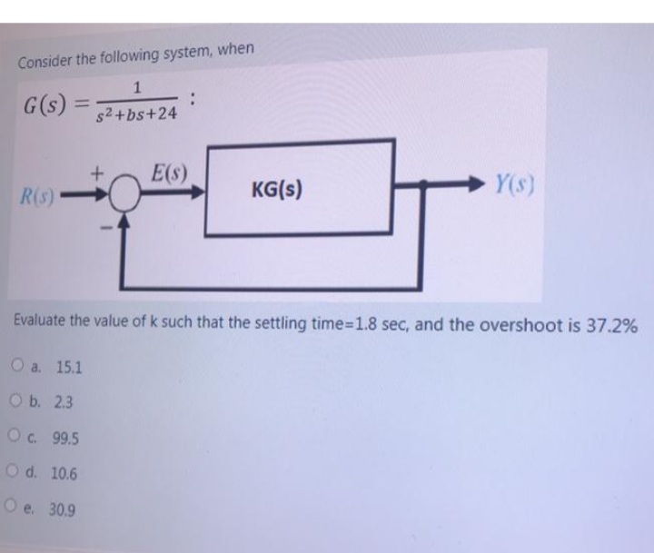 Consider the following system, when
1
G(s) =
:
s2+bs+24
E(s)
R(s)
KG(s)
Y(s)
Evaluate the value of k such that the settling time=1.8 sec, and the overshoot is 37.2%
О а. 15.1
O b. 2.3
O. 99.5
O d. 10.6
O e. 30.9
