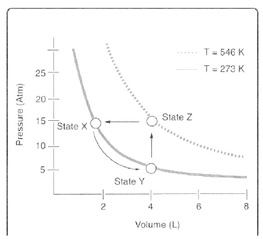 T = 546 K
%3D
T = 273 K
%3D
25
20
State Z
15
State X
10
State Y
2
4
8
Volume (L)
Pressure (Atm)
