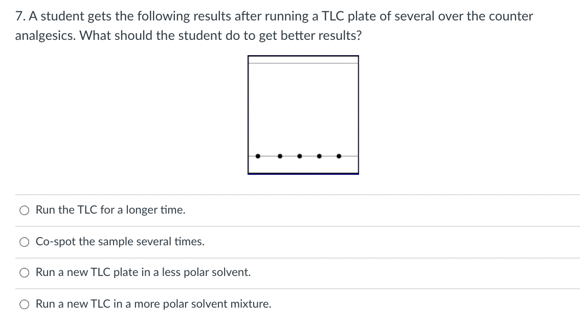 7. A student gets the following results after running a TLC plate of several over the counter
analgesics. What should the student do to get better results?
O Run the TLC for a longer time.
O Co-spot the sample several times.
Run a new TLC plate in a less polar solvent.
O Run a new TLC in a more polar solvent mixture.
